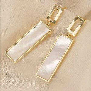BRAND NEW Gold Plated Elegant Long Rectangle Shaped Mother Of Pearl Earrings